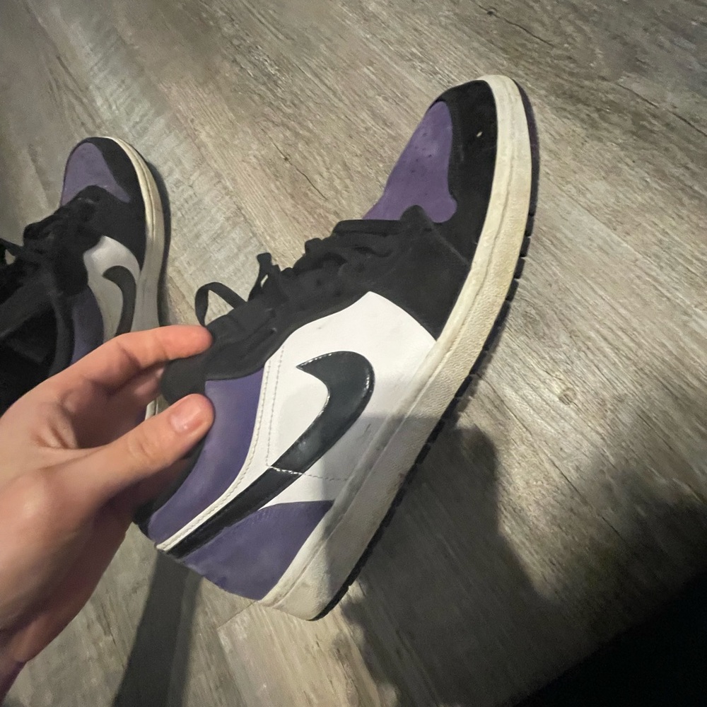 Size 11 Purple, White and Black Retro Jordan 1s Low Tops